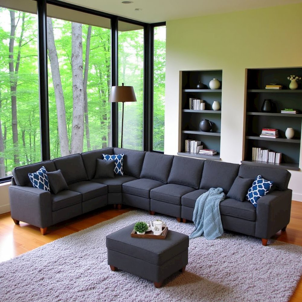 Dark Gray Linen Couch Sectional 8-Piece L Shaped Couch With Ottoman Set