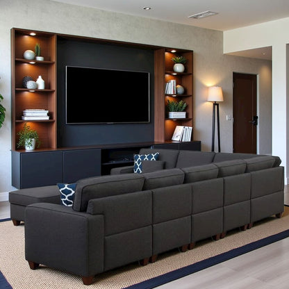 Dark Gray Linen Couch Sectional 8-Piece L Shaped Couch With Ottoman Set