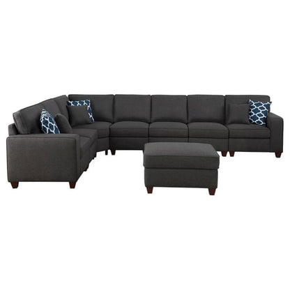 Dark Gray Linen Couch Sectional 8-Piece L Shaped Couch With Ottoman Set