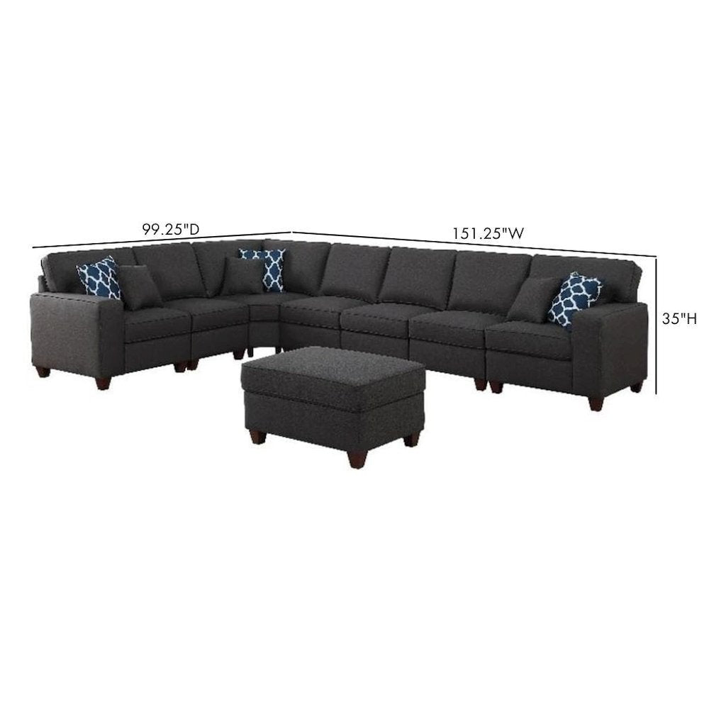Dark Gray Linen Couch Sectional 8-Piece L Shaped Couch With Ottoman Set