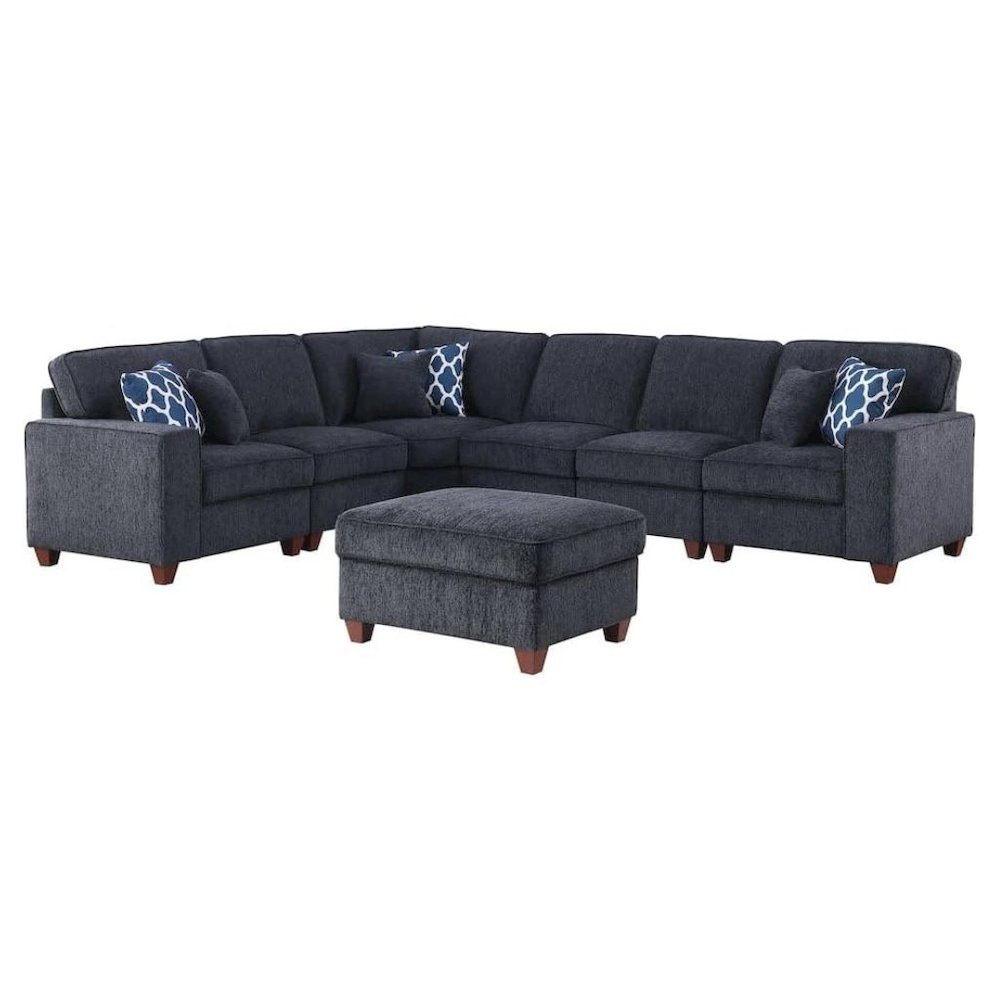 Black Chenille Couch Sectional With Ottoman, 7-Piece L Shaped Sofa Set
