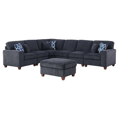 Black Chenille Couch Sectional With Ottoman, 7-Piece L Shaped Sofa Set