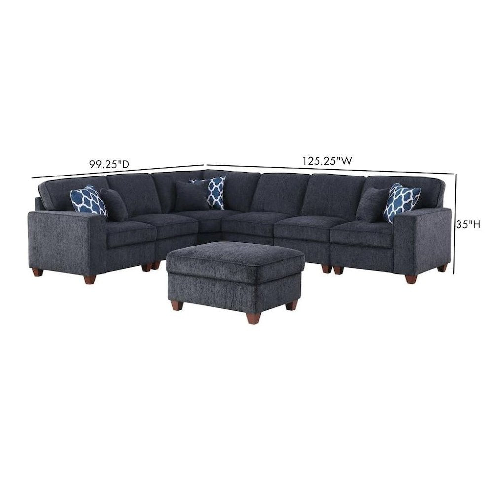 Black Chenille Couch Sectional With Ottoman, 7-Piece L Shaped Sofa Set