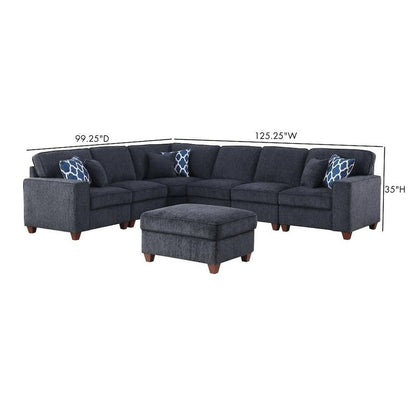 Black Chenille Couch Sectional With Ottoman, 7-Piece L Shaped Sofa Set