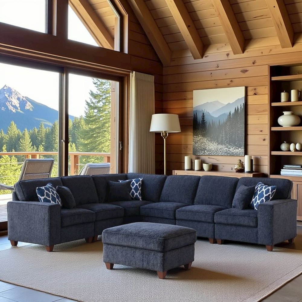 Black Chenille Couch Sectional With Ottoman, 7-Piece L Shaped Sofa Set