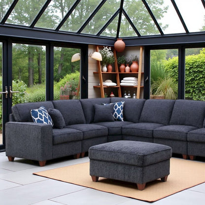 Black Chenille Couch Sectional With Ottoman, 7-Piece L Shaped Sofa Set