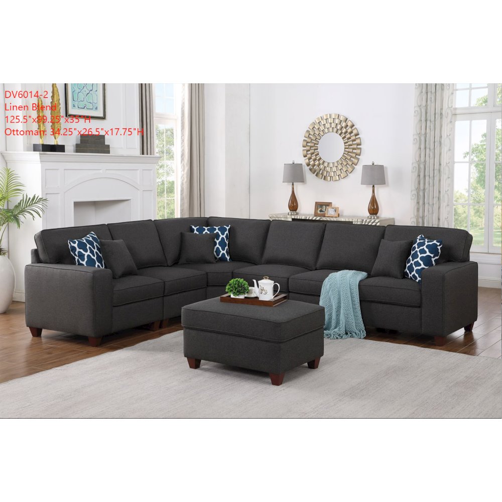 Devion Furniture 7-Piece Upholstered Fabric Sectional with Ottoman in Gray