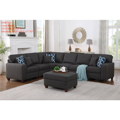 Devion Furniture 7-Piece Upholstered Fabric Sectional with Ottoman in Gray