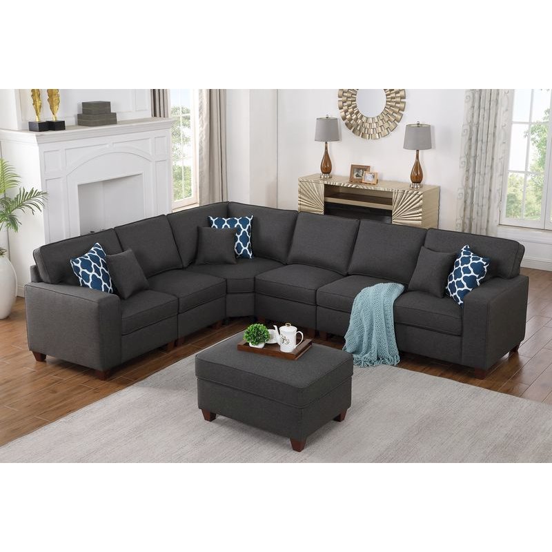 Devion Furniture 7-Piece Upholstered Fabric Sectional with Ottoman in Gray