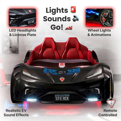 GTS EV Twin-Size Race Car Bed, Black - Remote Control, LED Lights, EV Sound FX
