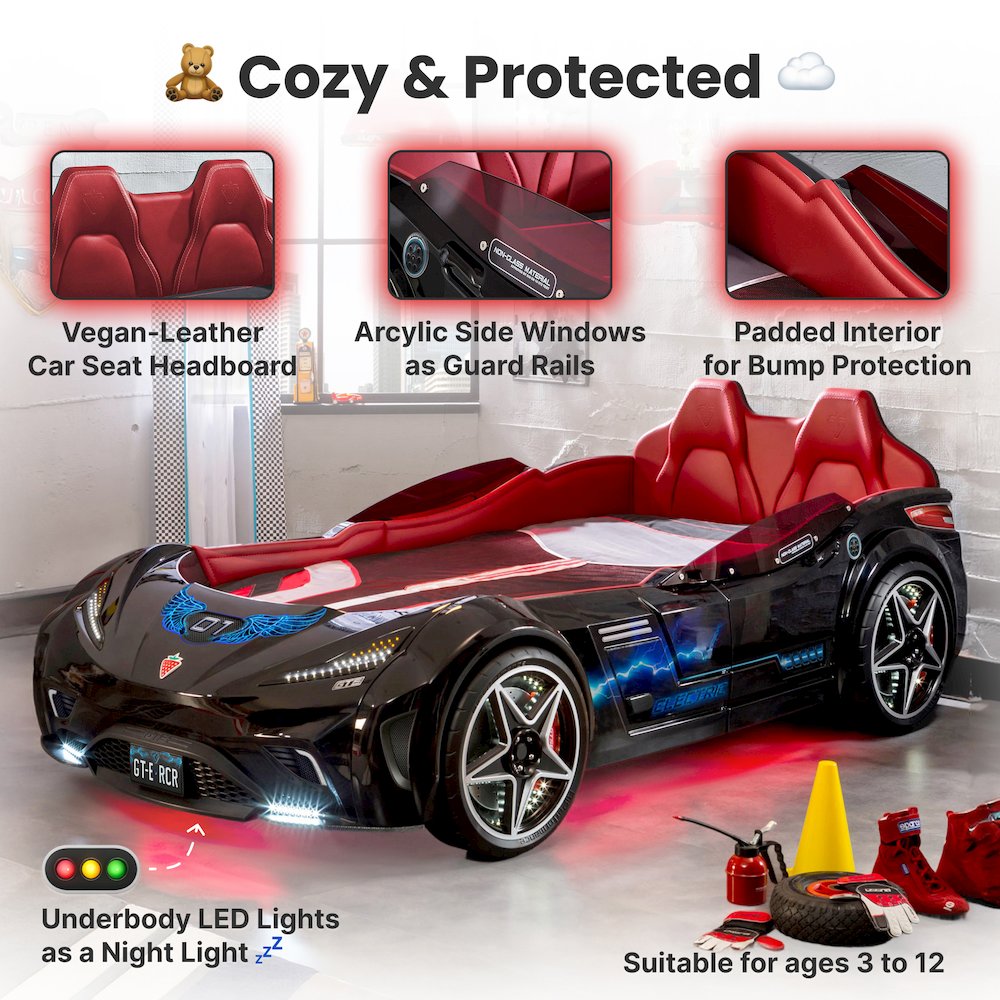 GTS EV Twin-Size Race Car Bed, Black - Remote Control, LED Lights, EV Sound FX
