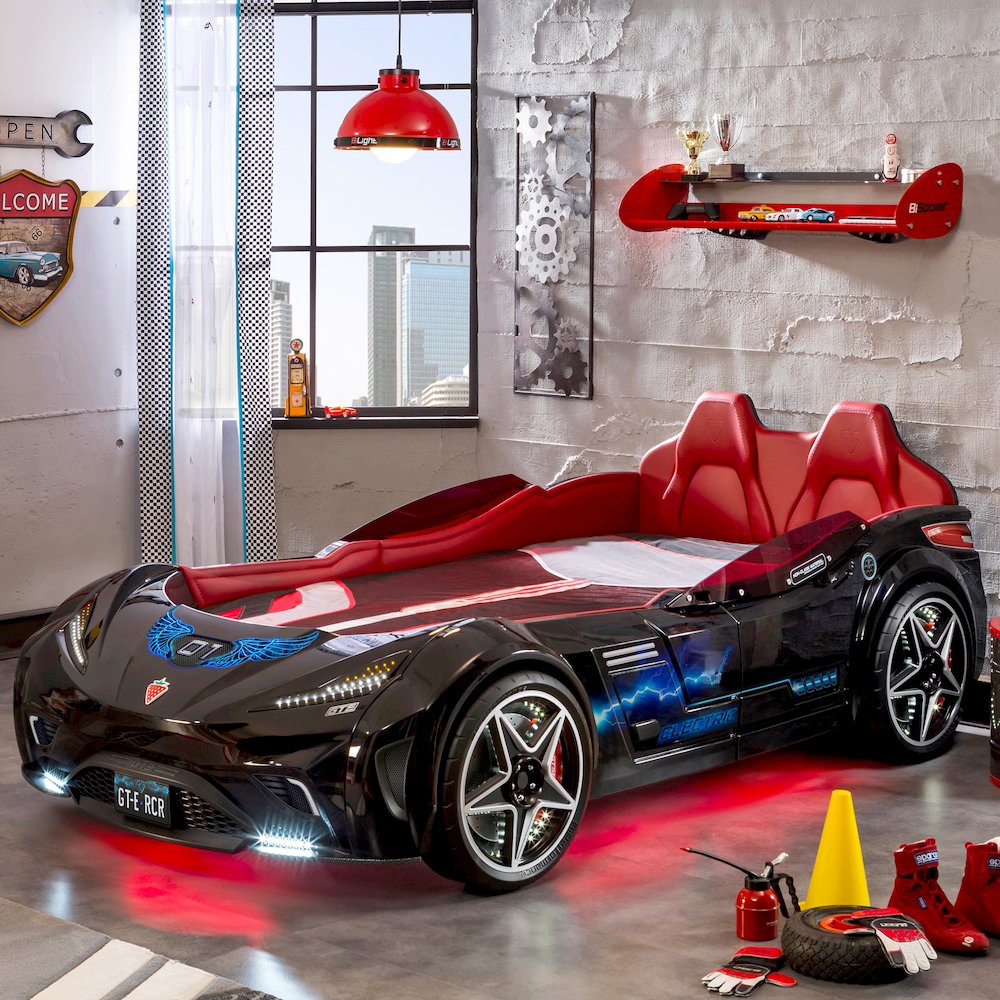 GTS EV Twin-Size Race Car Bed, Black - Remote Control, LED Lights, EV Sound FX