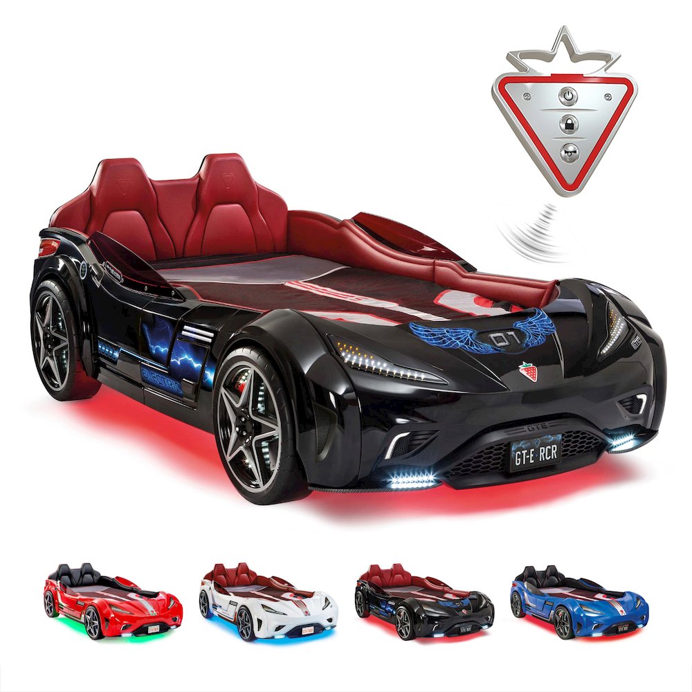 GTS EV Twin-Size Race Car Bed, Black - Remote Control, LED Lights, EV Sound FX