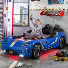 GTS EV Twin-Size Race Car Bed, Blue - Remote Control, LED Lights, EV Sound FX