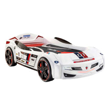 BiTurbo Twin-Size Race Car Bed, White - Remote Control, LED Lights, Sound FX