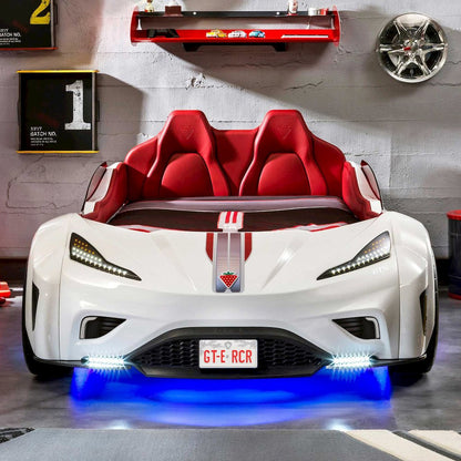 GTS EV Twin-Size Race Car Bed, White - Remote Control, LED Lights, EV Sound FX