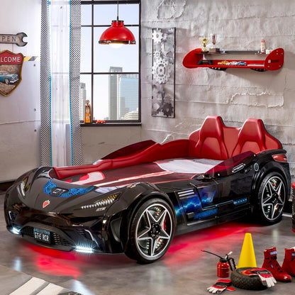 GTS EV Twin-Size Race Car Bed, Black - Remote Control, LED Lights, EV Sound FX