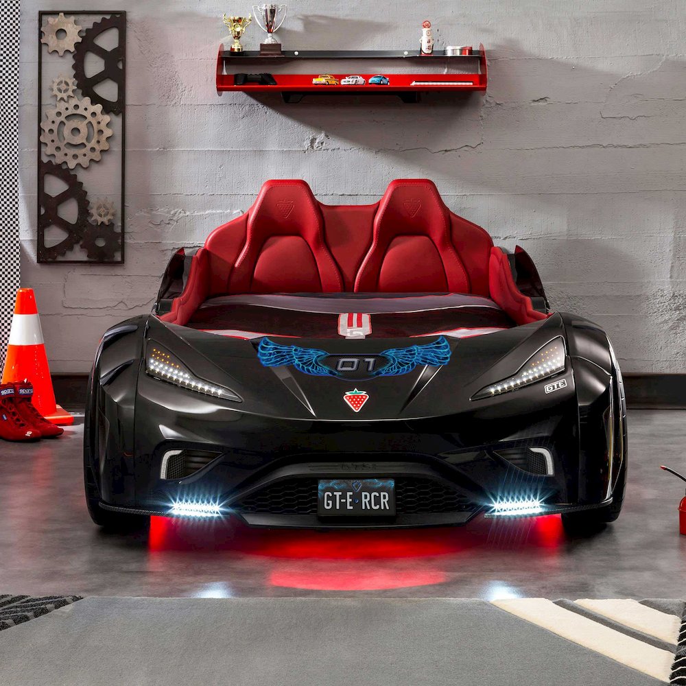 GTS EV Twin-Size Race Car Bed, Black - Remote Control, LED Lights, EV Sound FX