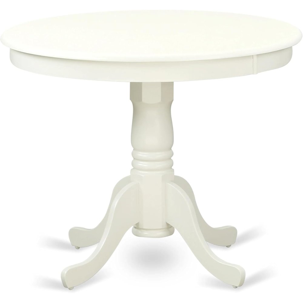 East West Furniture ANDA5-LWH-24 5 Piece Dining Room Set Consists of a Round Wooden Table with Pedestal and 4 Upholstered Chairs, Linen White