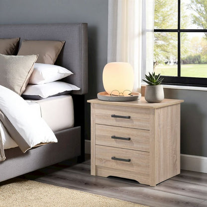 3 Drawer Nightstand in Brown Finish, Wooden Bedside Table with Drawers