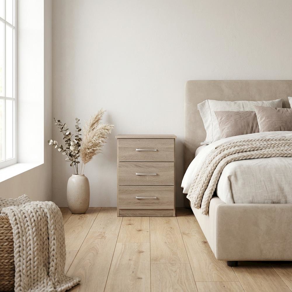 Sandle Wood Nightstand with 3 Drawers and Contemporary Design