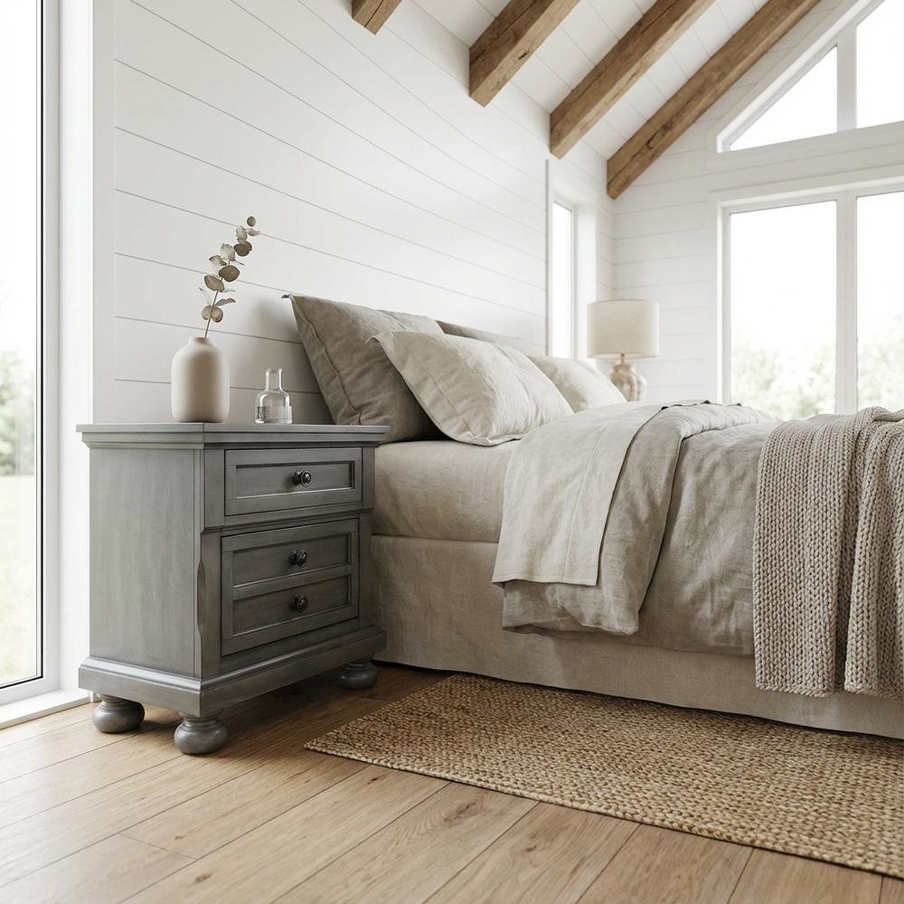 Contemporary Gray Nightstand with Dovetailed Drawers and Metal Glides