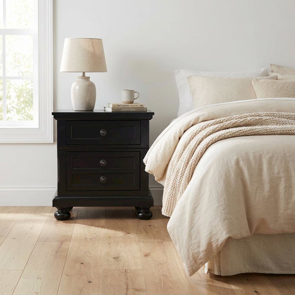 Contemporary Black Nightstand with Dovetailed Drawers and Metal Glides
