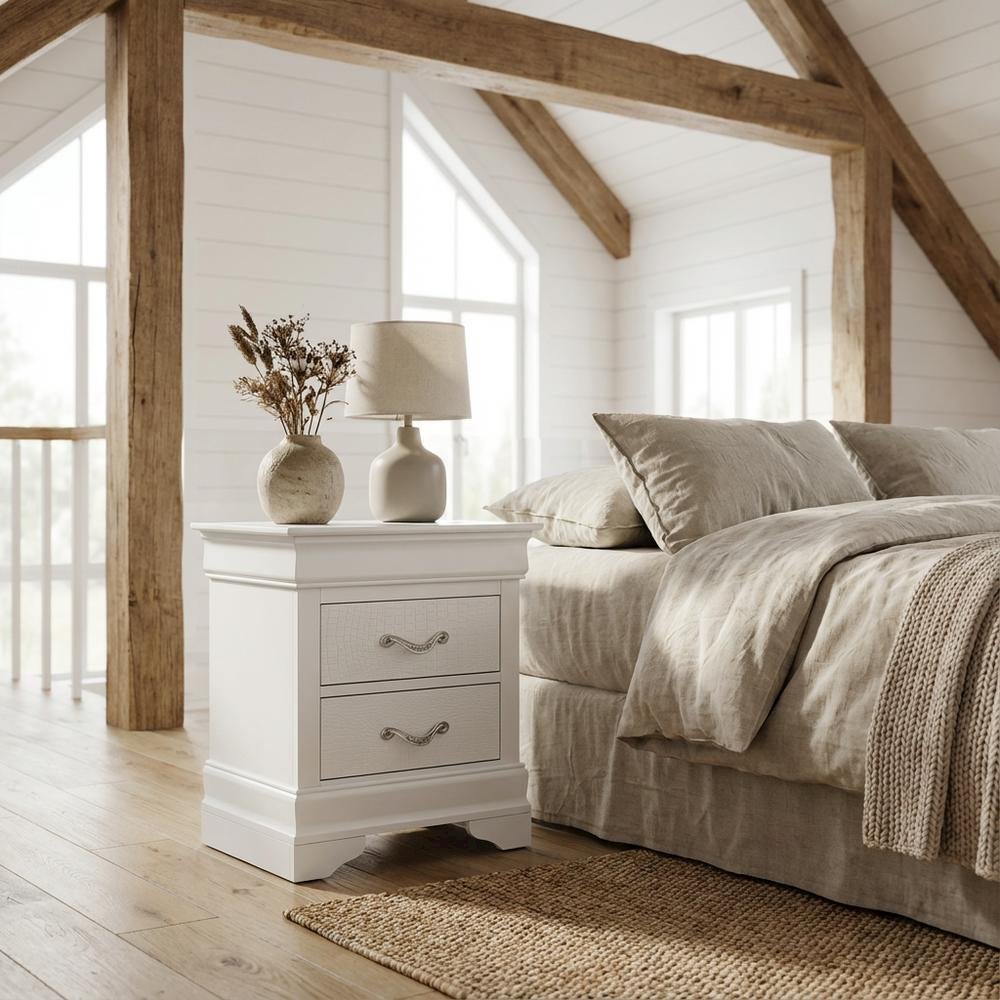 White Transitional Nightstand with Dovetailed Drawers and Metal Glides