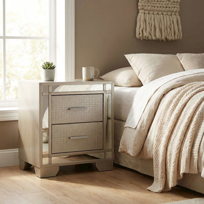 Champagne Nightstand with Glam Wooden Finish and Center Mount Metal Glides