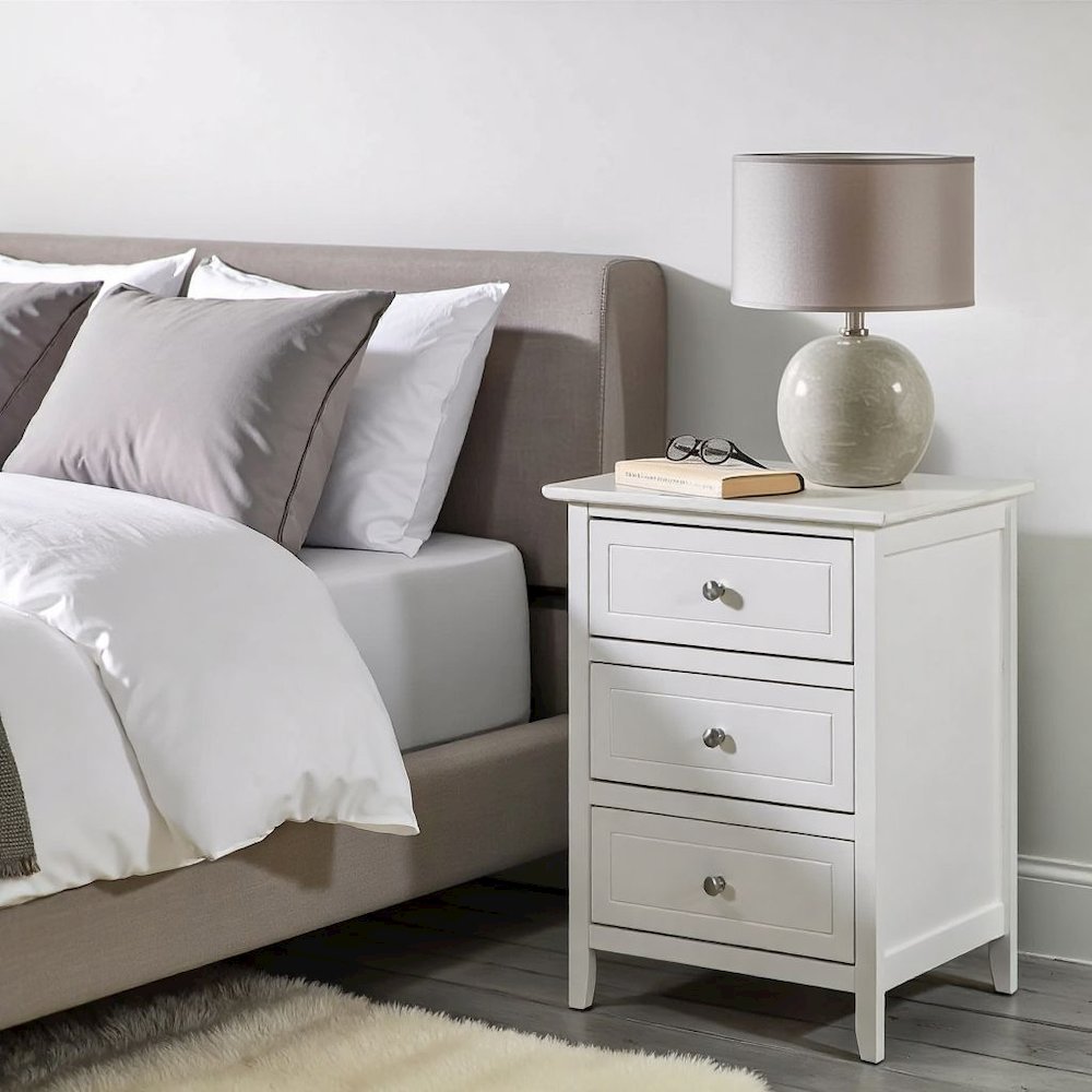 White 3 Drawer Nightstand with Wooden Construction and Elegant Drawers
