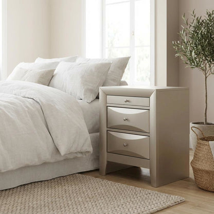 Contemporary Champagne Nightstand with Dovetailed Drawers and Metal Glides