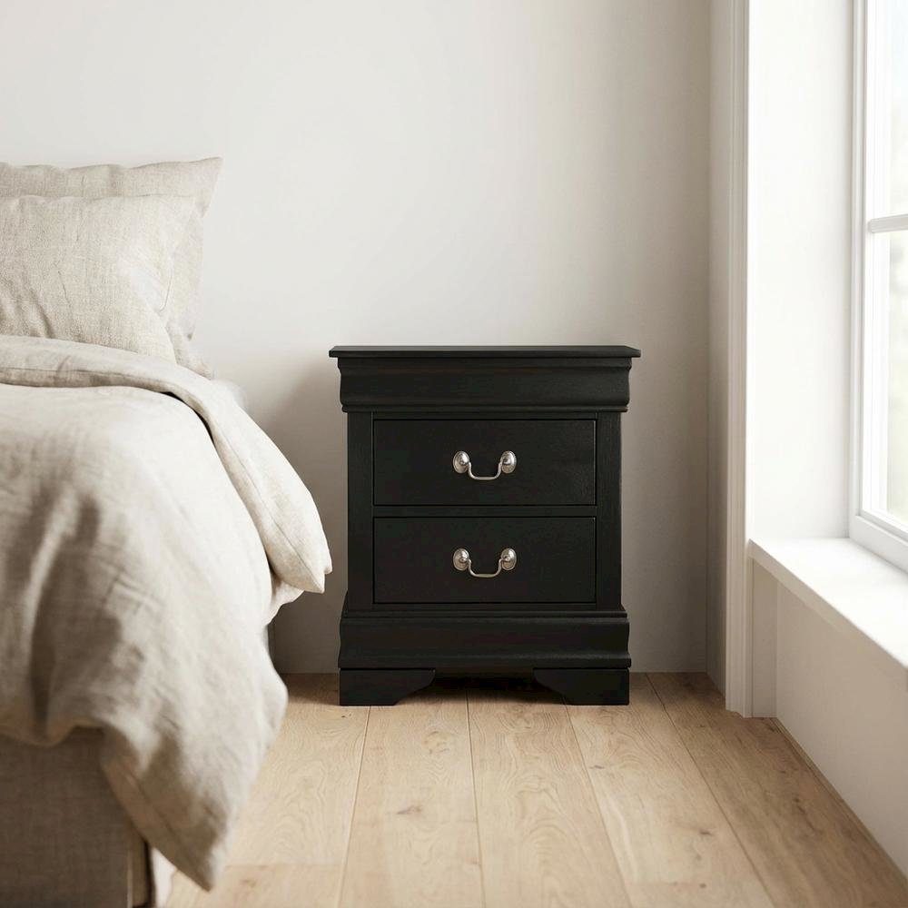 Black Wood Nightstand with Dovetailed Drawers and Traditional Design