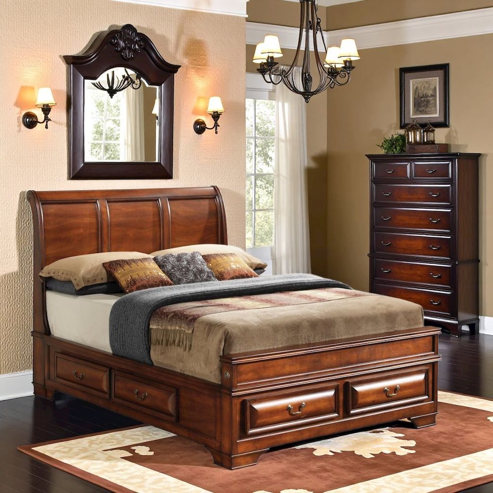 Queen Bed Frame with 6 Drawers in Rich Oak Wood Finish