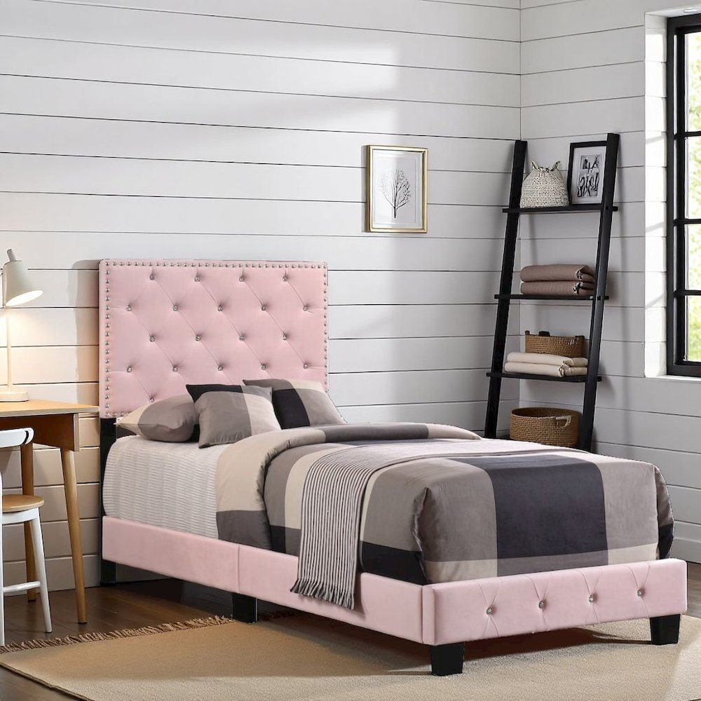 Charming Pink Girls Twin Bed Frame with Tufted Headboard and Footboard