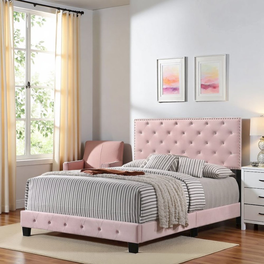 Elegant Pink Queen Bed Frame with Upholstered Headboard Design
