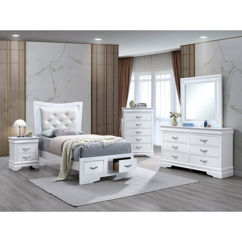 Storage Bed with LED Tufted Headboard, Bedroom Beds, Sparkling White, Queen