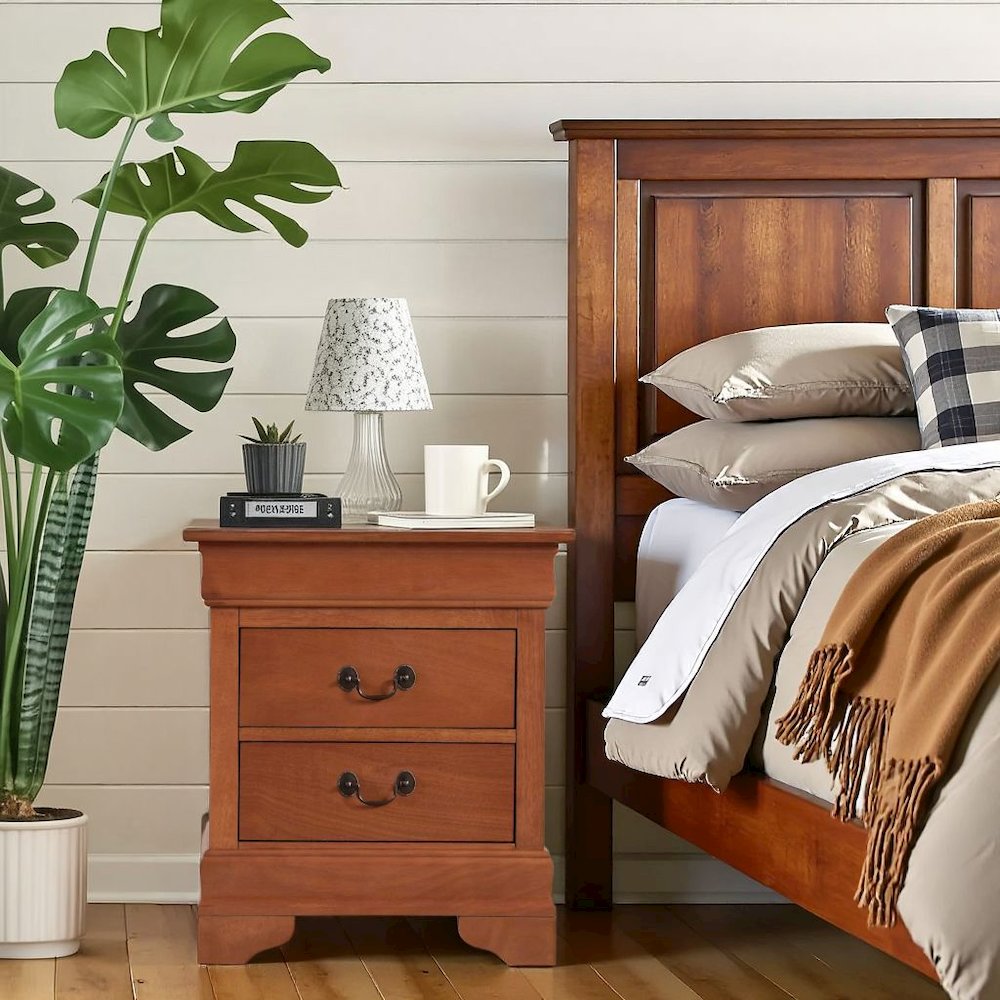 Wooden Nightstand with 2 Drawers in Oak Finish for Bedroom Use