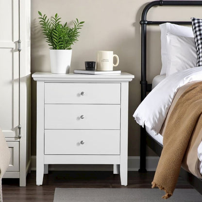White 3 Drawer Nightstand, Wooden Bedside Table with Ample Storage Space