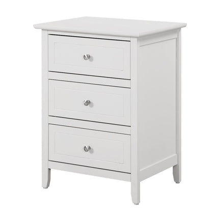 White 3 Drawer Nightstand with Wooden Construction and Elegant Drawers