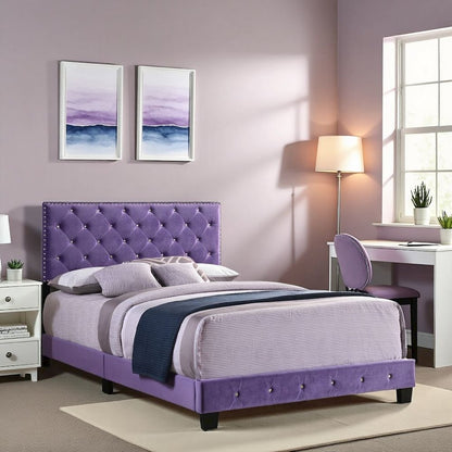 Elegant Purple Queen Bed Frame for Girls With Tufted Upholstered Design