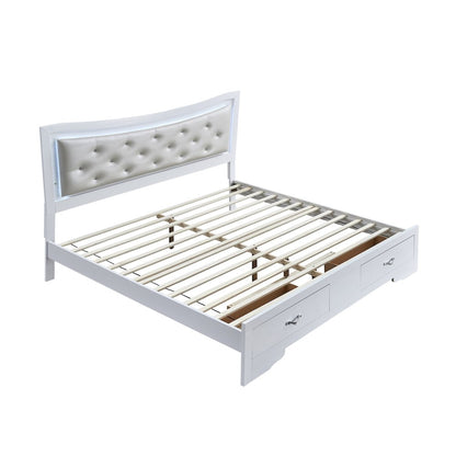 Storage Bed with LED Tufted Headboard, Bedroom Beds, Sparkling White, Queen