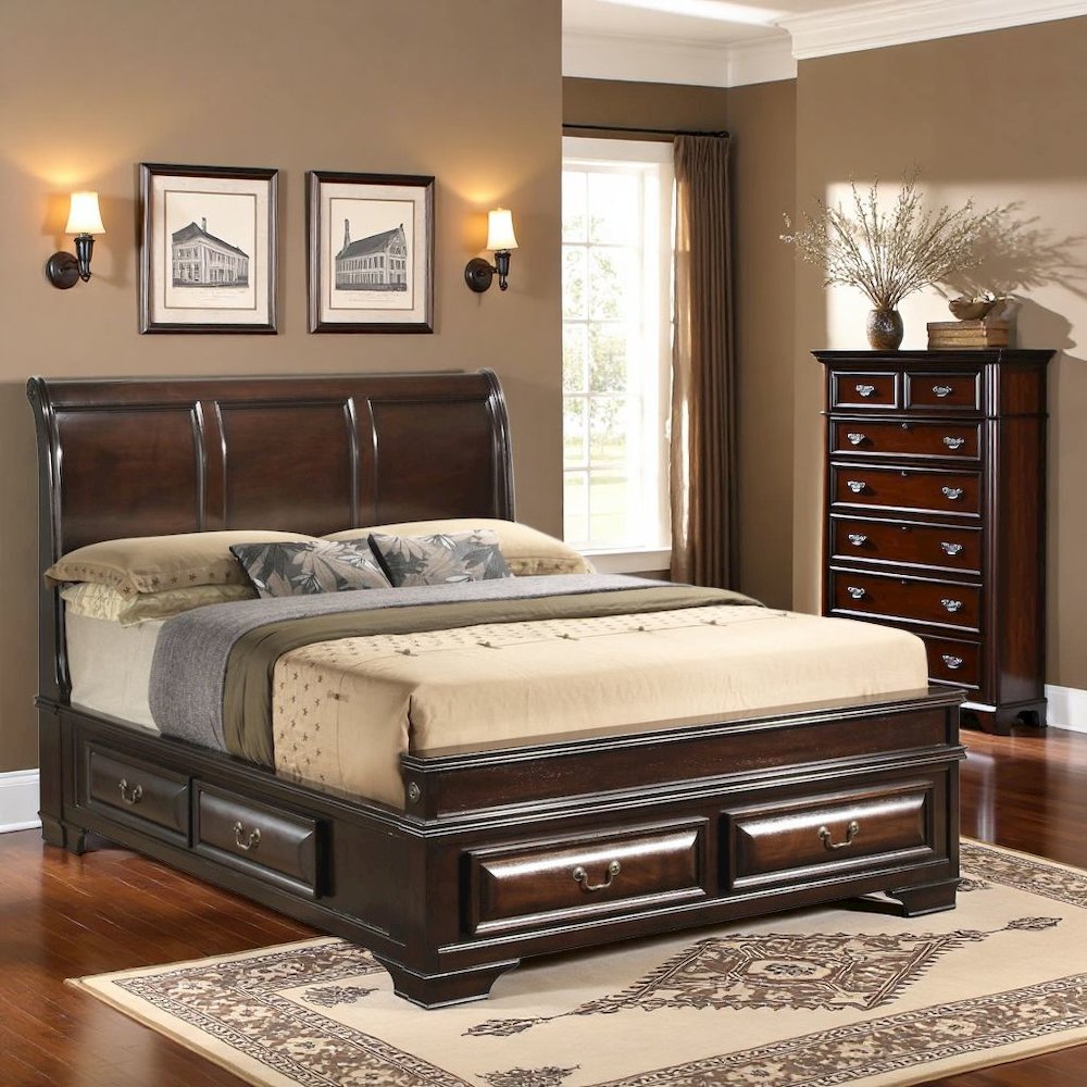 Queen Bed Frame with 6 Storage Drawers in Cappuccino Finish Wood Design