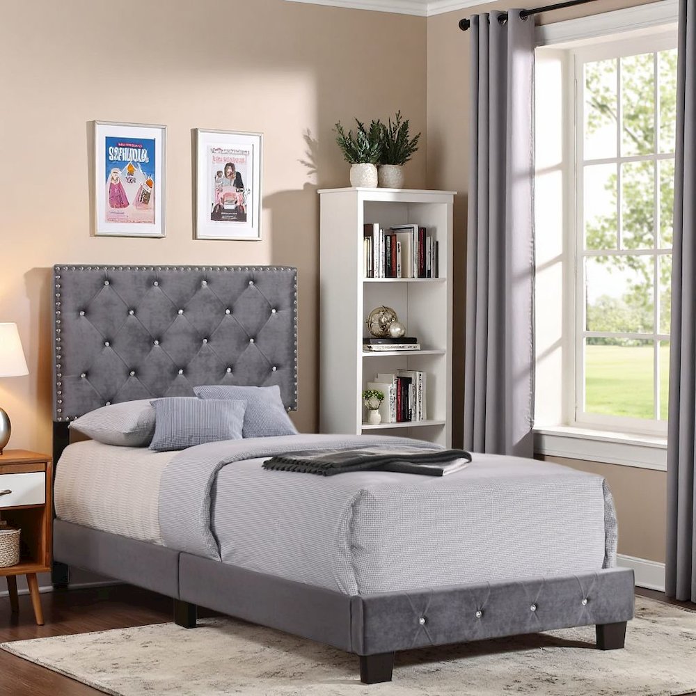 Gray Twin Bed with Headboard, Twin Platform Bed Frame for Adults