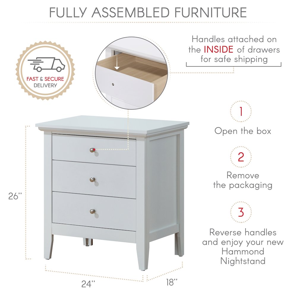 Glory Furniture Hammond   3 Drawer Nightstand, White