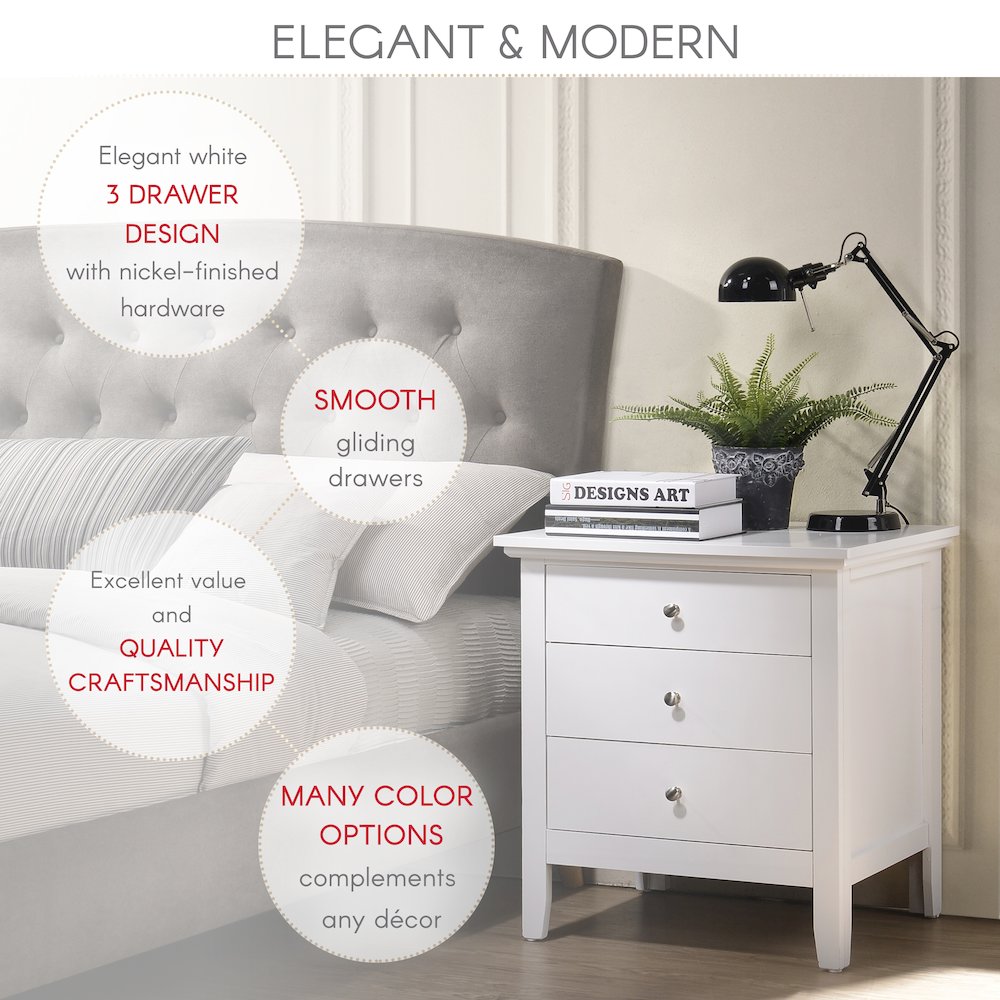 Glory Furniture Hammond   3 Drawer Nightstand, White