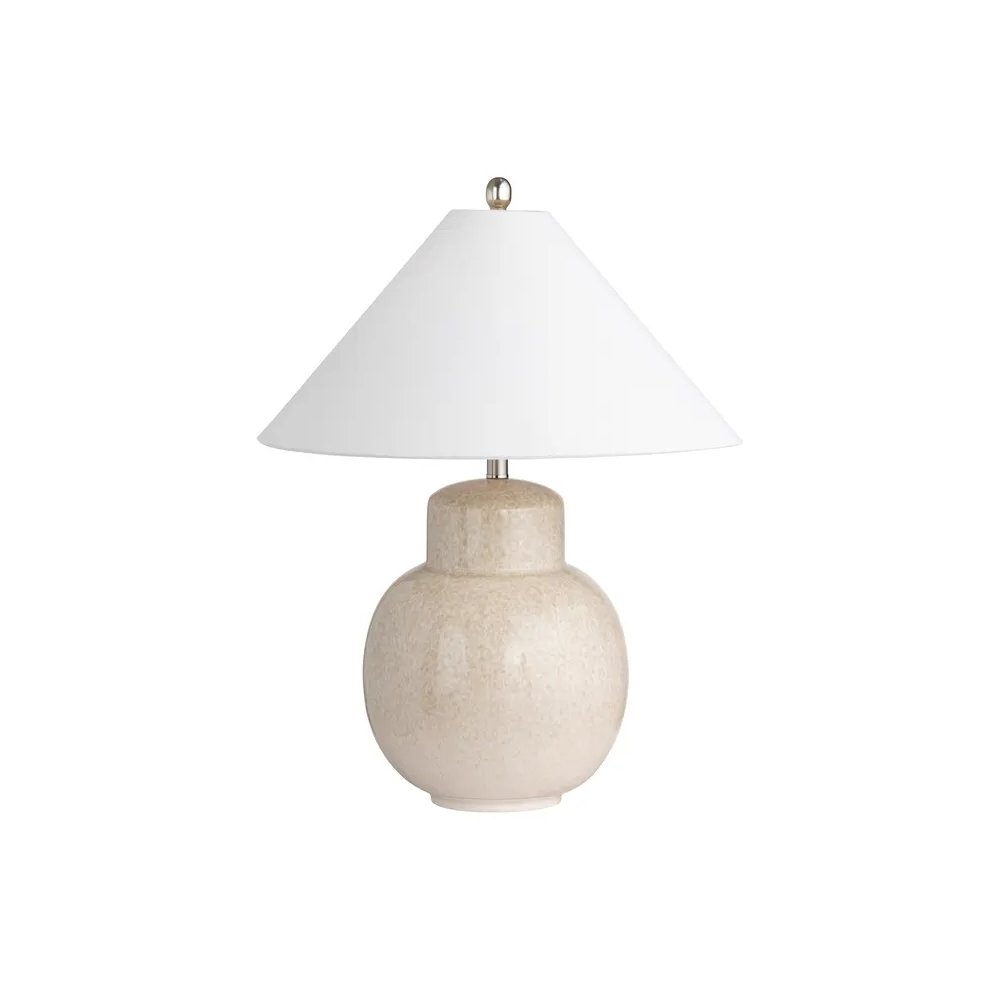28" Transitional Tan Ceramic Table Lamp with Silver Accents & White Linen Shade