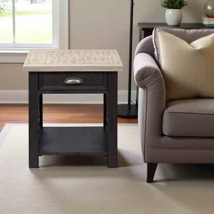 Black Farmhouse End Table – Square Side Table for Living Room with Drawer
