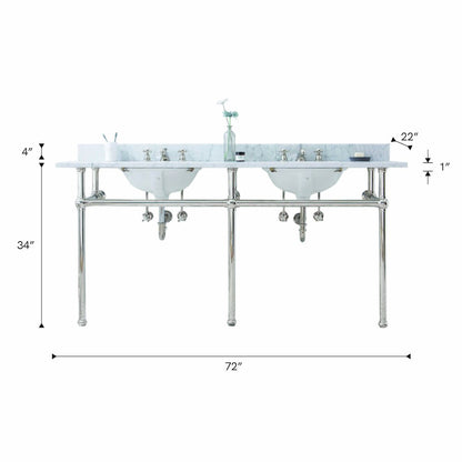 72 In. W. Double Wash Stand, P-Trap, Carrara White Marble Countertop