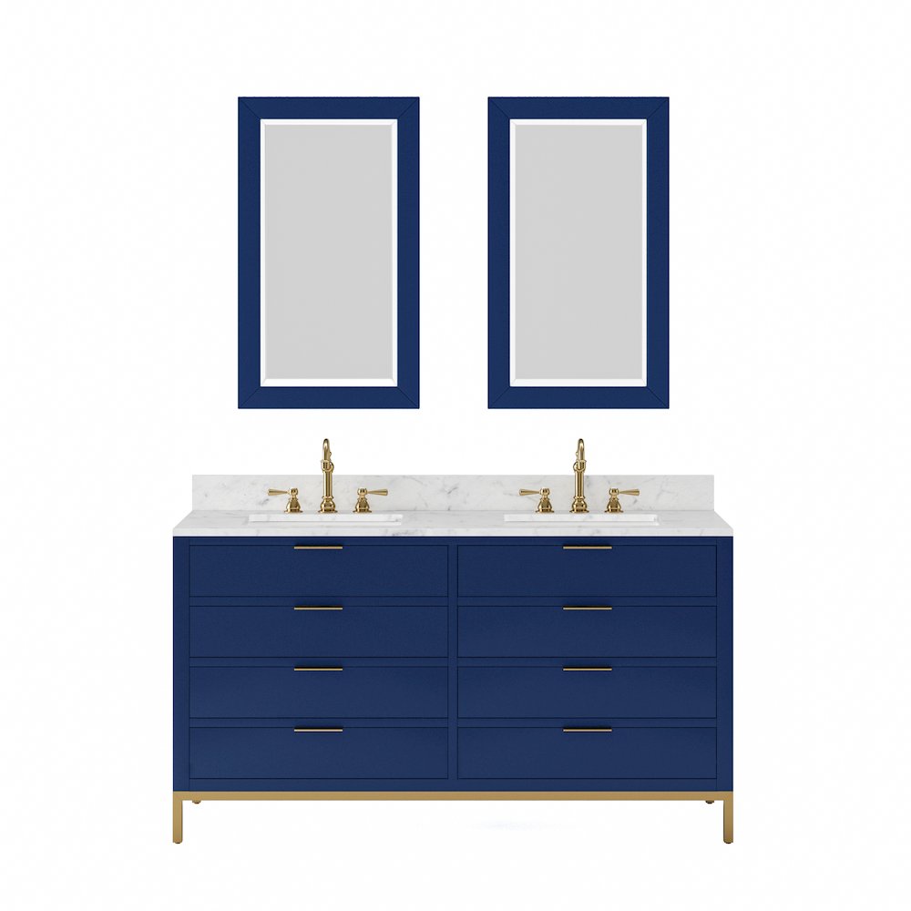 60 In. Double Sink Carrara White Marble Countertop Bath Vanity in Monarch Blue