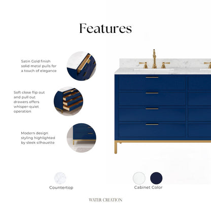 60 In. Double Sink Carrara White Marble Countertop Bath Vanity in Monarch Blue